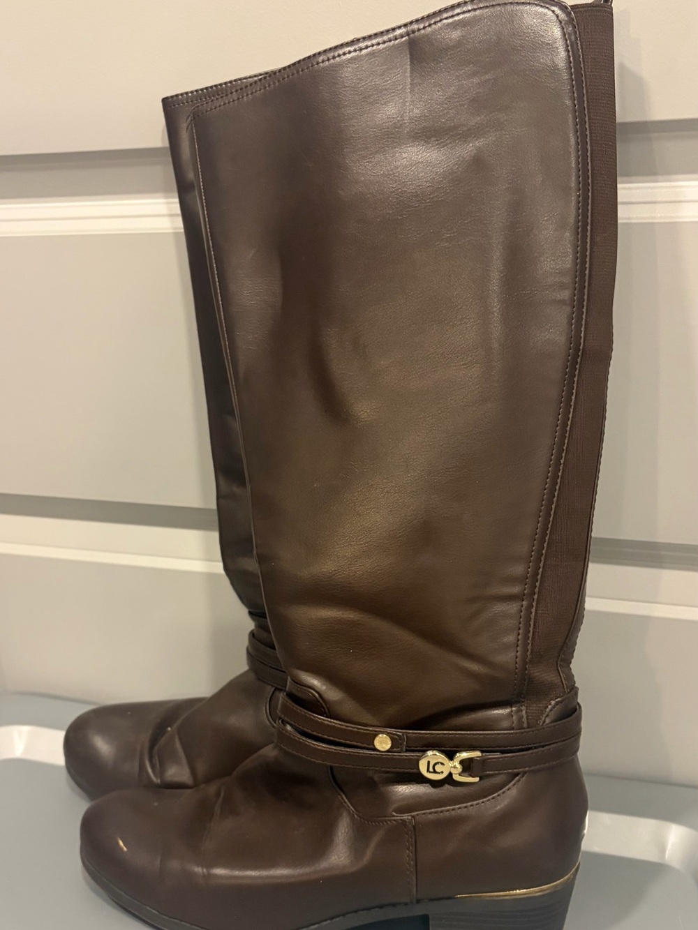 LC Lauren Conrad Dark Brown Leather Wide Calf Knee Boots with Gold Accent